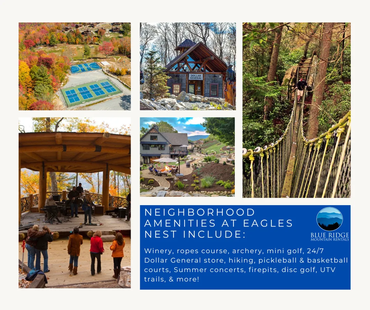 This exterior scene captures the vibrant community atmosphere at Eagles Nest, featuring a ropes course, archery range, mini-golf area, outdoor seating, and community gathering spaces. People are seen enjoying various activities, including summer concerts and fire pit gatherings, with nearby hiking trails hinting at adventure.
